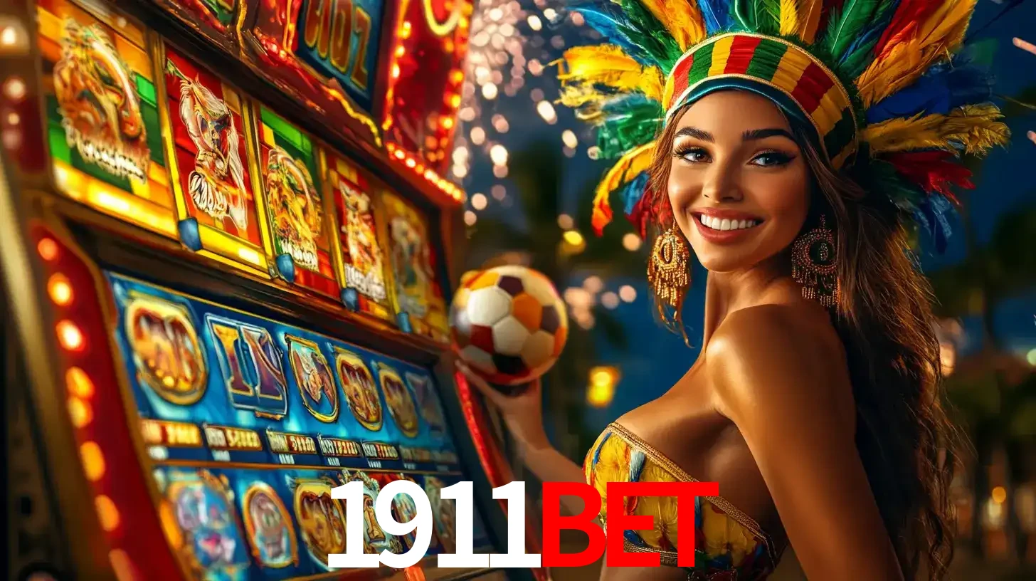 Mulher com um cocar de carnaval ao lado de uma máquina de caça-níqueis enquanto segura uma bola de futebol, mostrando a união da diversão de cassino e esportes no 1911BET.
