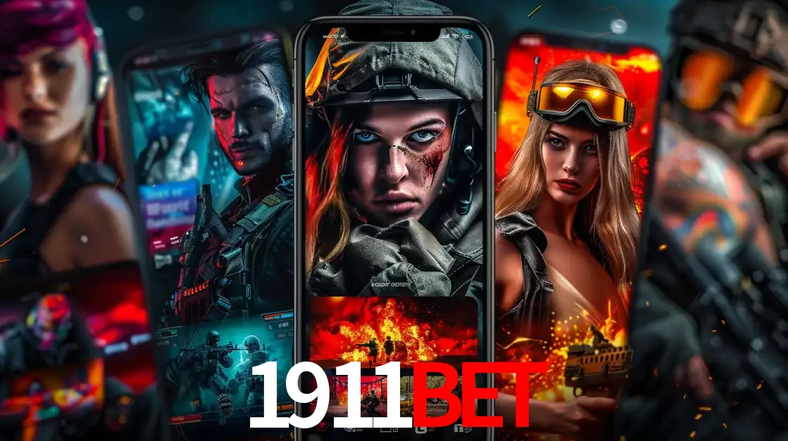 Montagem de telas de celular mostrando diversos personagens, masculinos e femininos, de um jogo de tiro, ilustrando a diversidade de equipes de e-sports para apostar no 1911BET.