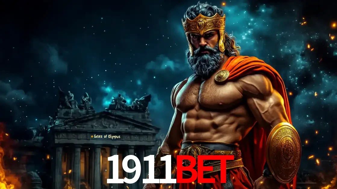 O poderoso Zeus do jogo de slot Gates of Olympus em frente ao seu templo, pronto para lançar multiplicadores divinos e prêmios épicos no cassino online 1911BET.