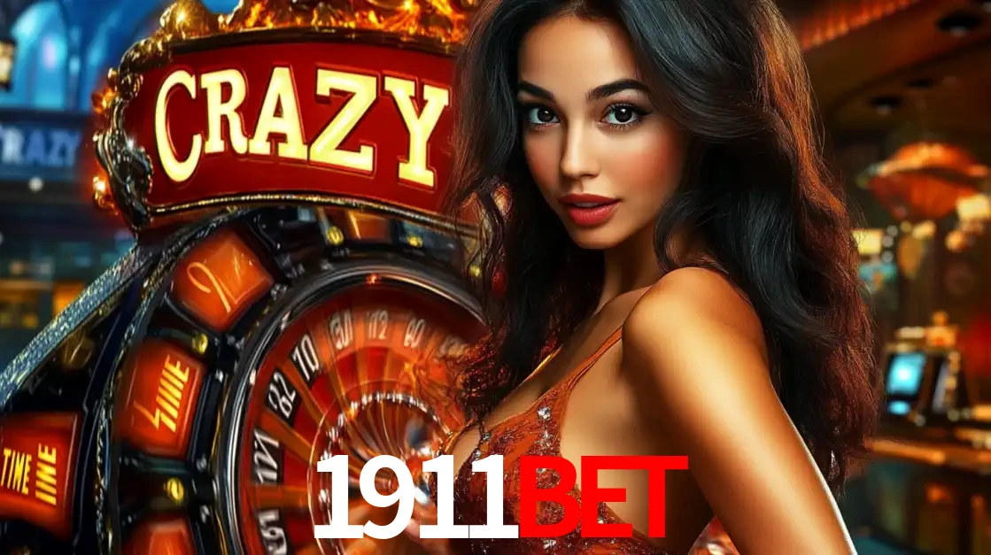 Mulher glamourosa olhando para a câmera com a roda vermelha do Crazy Time ao fundo em um ambiente de cassino, destacando a emoção dos jogos ao vivo no 1911BET.