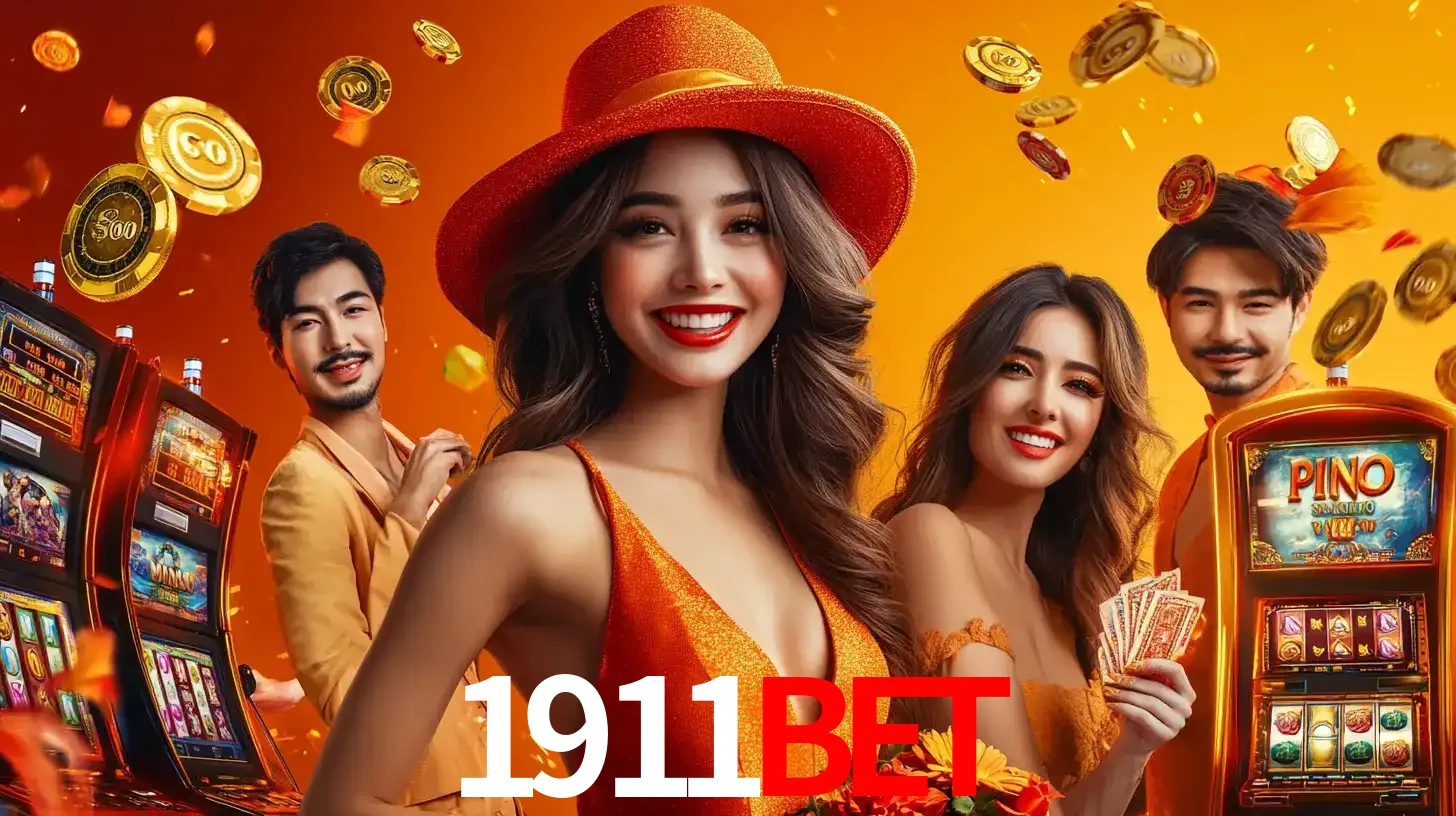 Grupo de amigos asiáticos sorrindo e se divertindo com máquinas de caça-níqueis em um ambiente festivo, celebrando suas vitórias nos jogos de cassino do 1911BET.