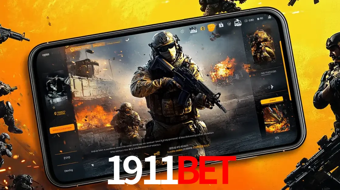 Um smartphone exibindo a interface de um jogo de tiro em primeira pessoa, com um soldado em um cenário de batalha, representando a ação dos e-sports para apostar no 1911BET.