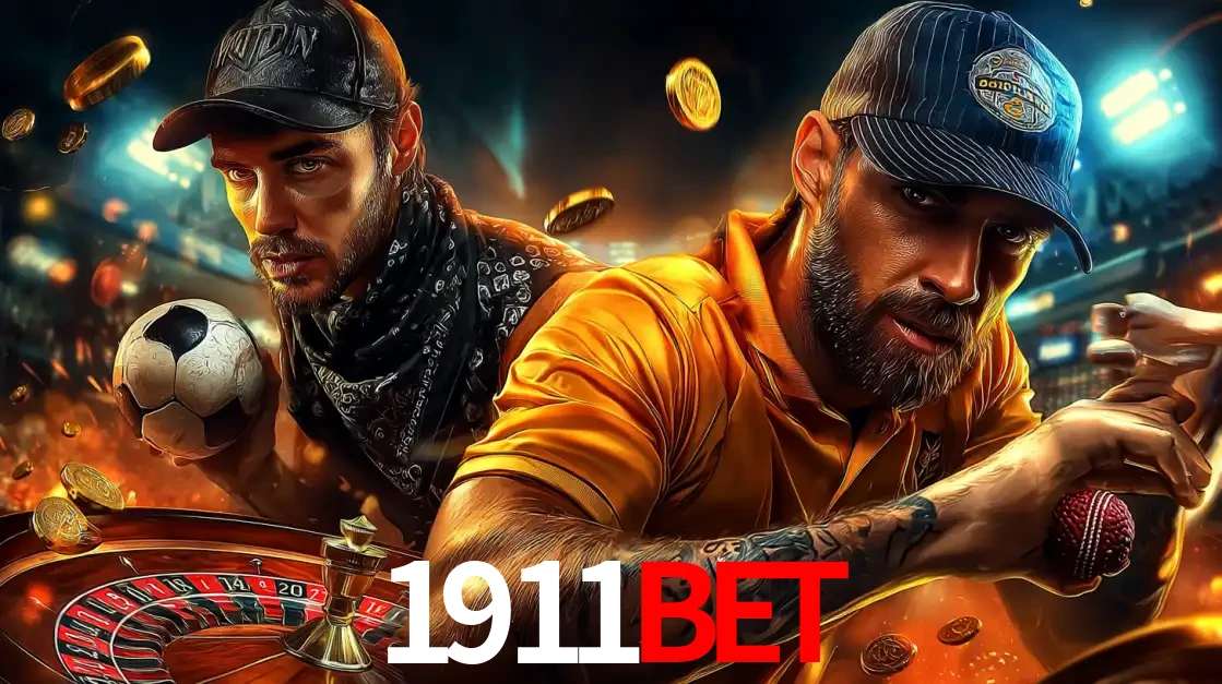 Montagem de apostas esportivas e cassino no 1911BET, com um homem segurando uma bola de futebol e outro uma de beisebol sobre uma roleta e moedas voadoras.