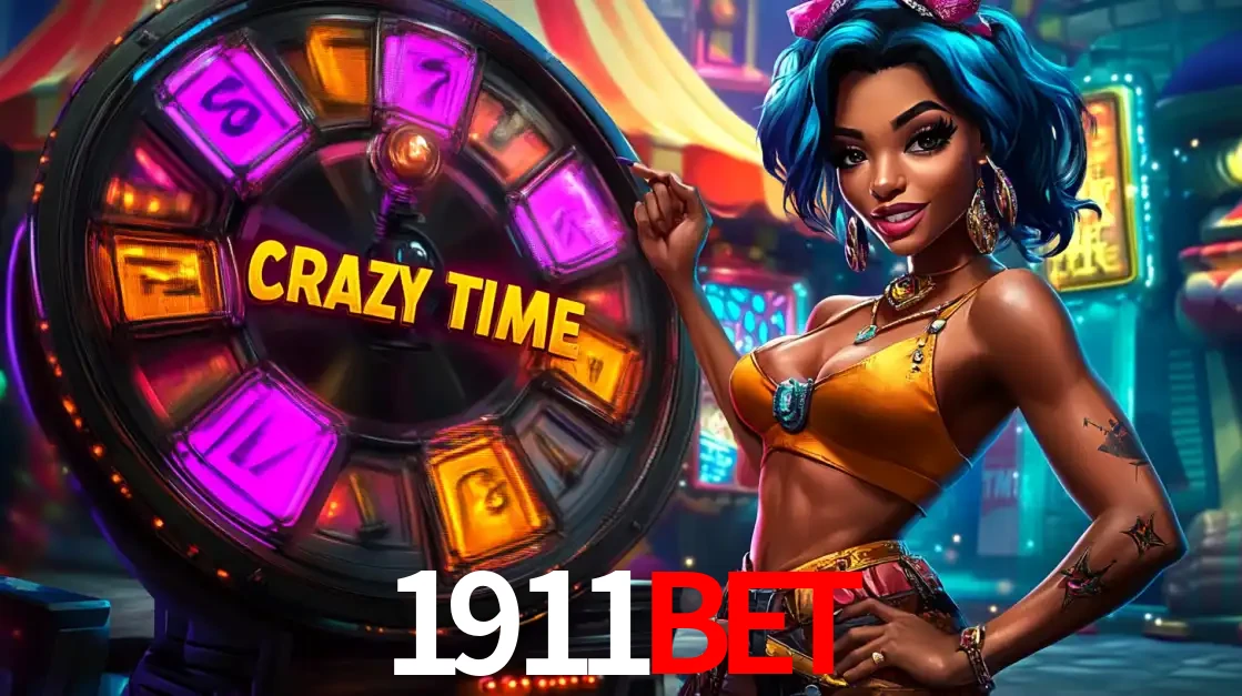 Mulher estilizada com cabelo azul e visual vibrante posando ao lado da roda de prêmios do game show Crazy Time, convidando para a diversão e os bônus do cassino 1911BET.