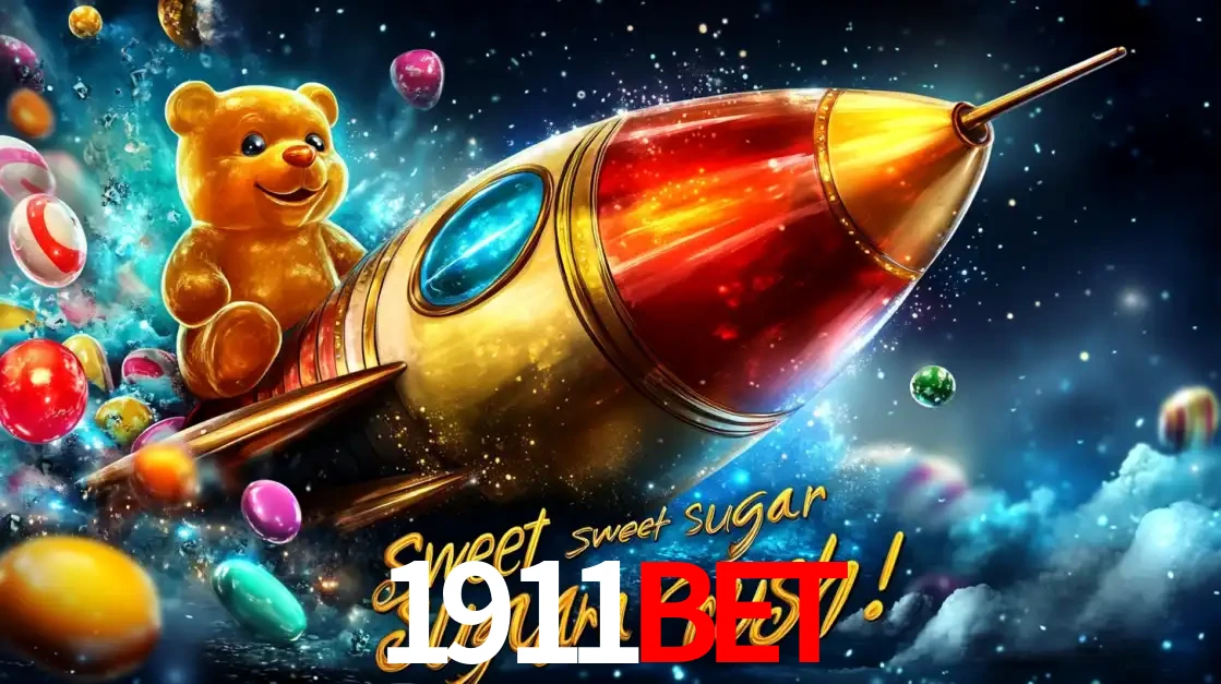 Arte promocional do jogo de slot Sugar Rush, com um urso de pelúcia em um foguete viajando pelo espaço de doces, um dos jogos divertidos disponíveis no cassino 1911BET.
