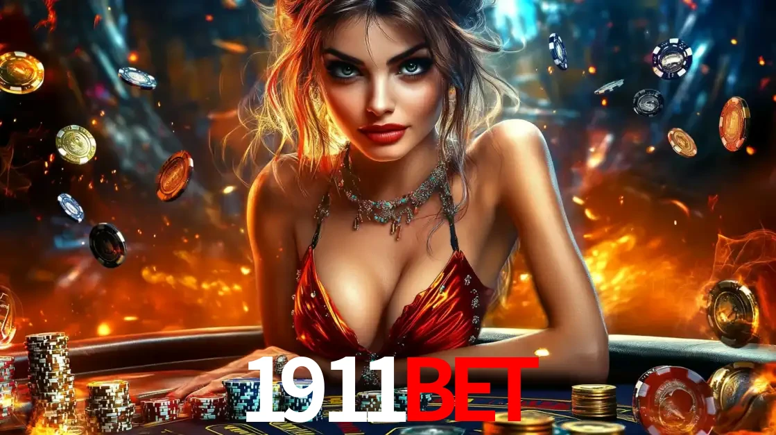 Mulher em uma mesa de cassino com pilhas de fichas e um fundo de fogo, pronta para uma rodada de altas apostas nos jogos de mesa emocionantes do cassino 1911BET.