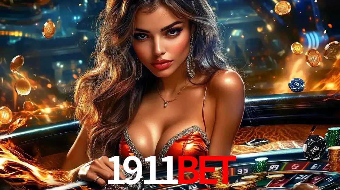 Mulher glamourosa em uma mesa de roleta com um fundo de chamas e moedas voadoras, pronta para fazer sua aposta e ganhar grandes prêmios no cassino ao vivo 1911BET.